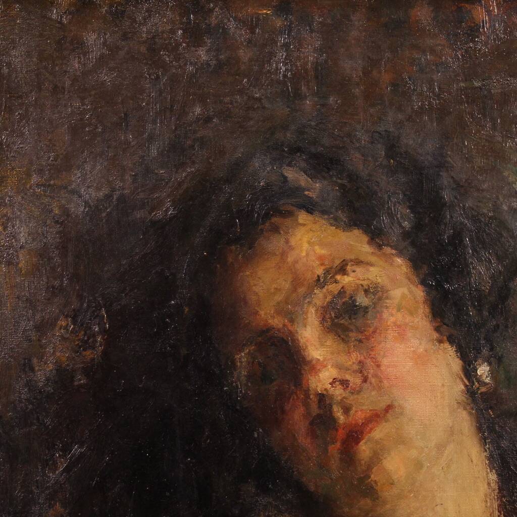 Peinture de portrait féminin impressionniste italien du 19e siècle