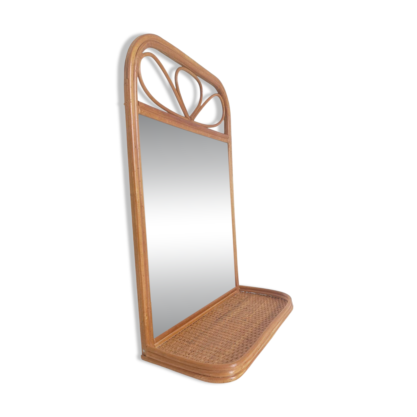 Mid Century French Riviera Rattan and Wicker Mirror With Shelf, Spain, 1960s–70s