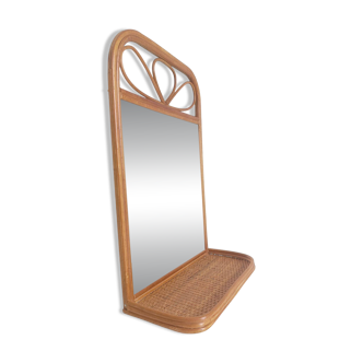 Mid Century French Riviera Rattan and Wicker Mirror With Shelf, Spain, 1960s–70s