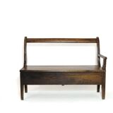 Handcrafted wooden bench with armrest and left drawer.