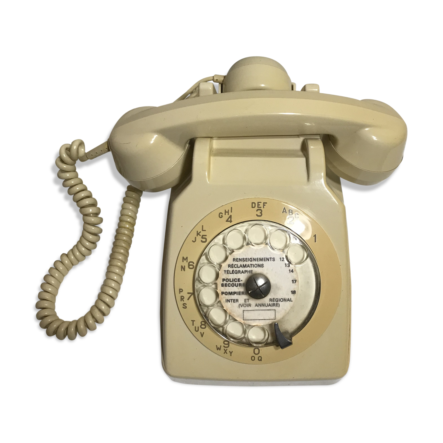 Old white dial phone beige dial, earphone, vintage velvet cover