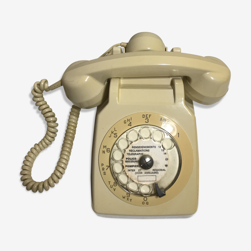 Ancien téléphone fixe blanc beige cadran, écouteur, housse velours vintage  | Selency