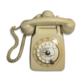 Ancien téléphone fixe blanc beige cadran, écouteur, housse velours vintage