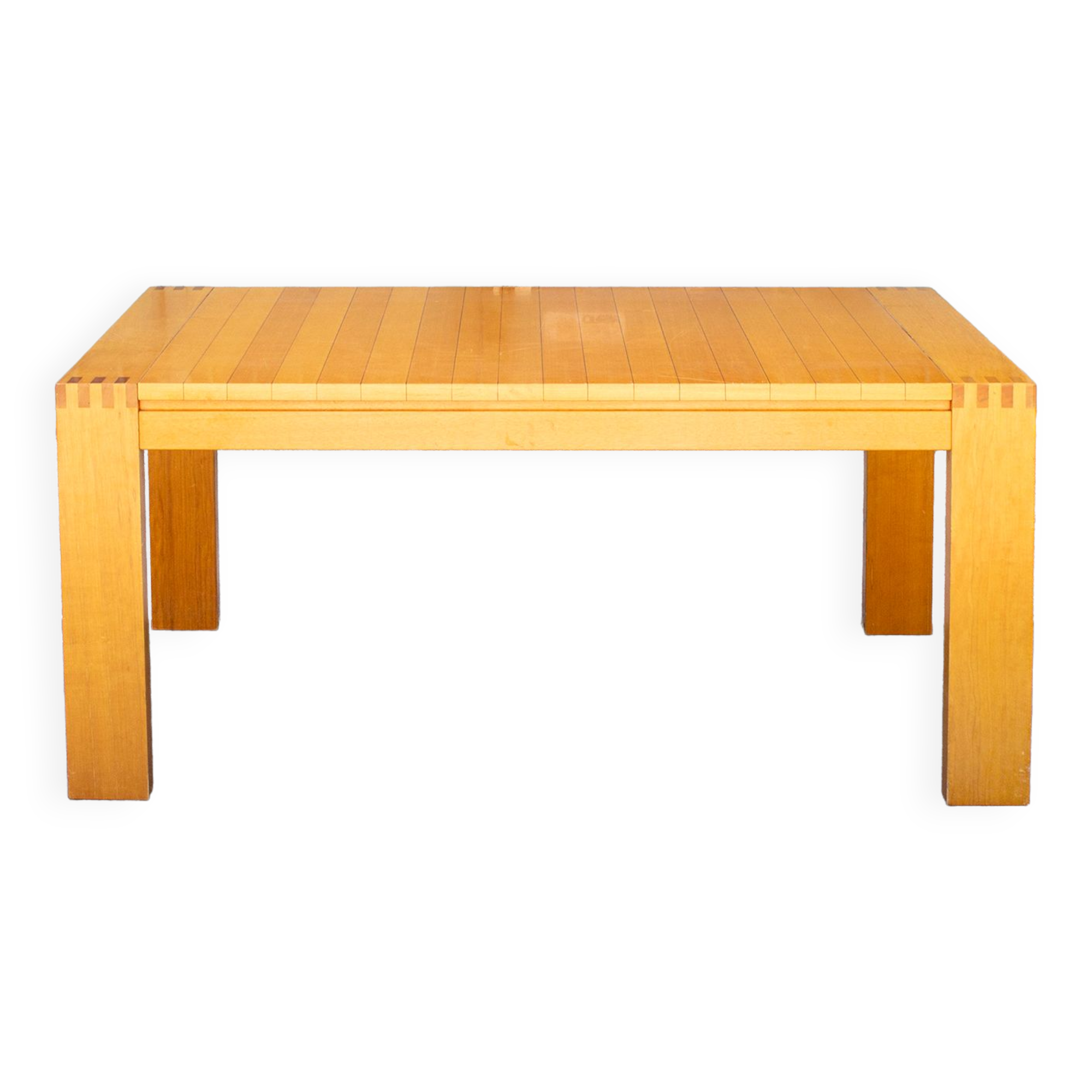 Dining table in beech wood with stripes of hibiscus, italy 70s