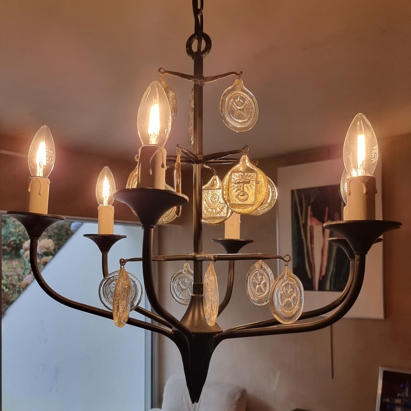 Scandinavian chandelier in lacquered metal and glass by Erik Höglund and Boda Glasburk, for Holm Soresen