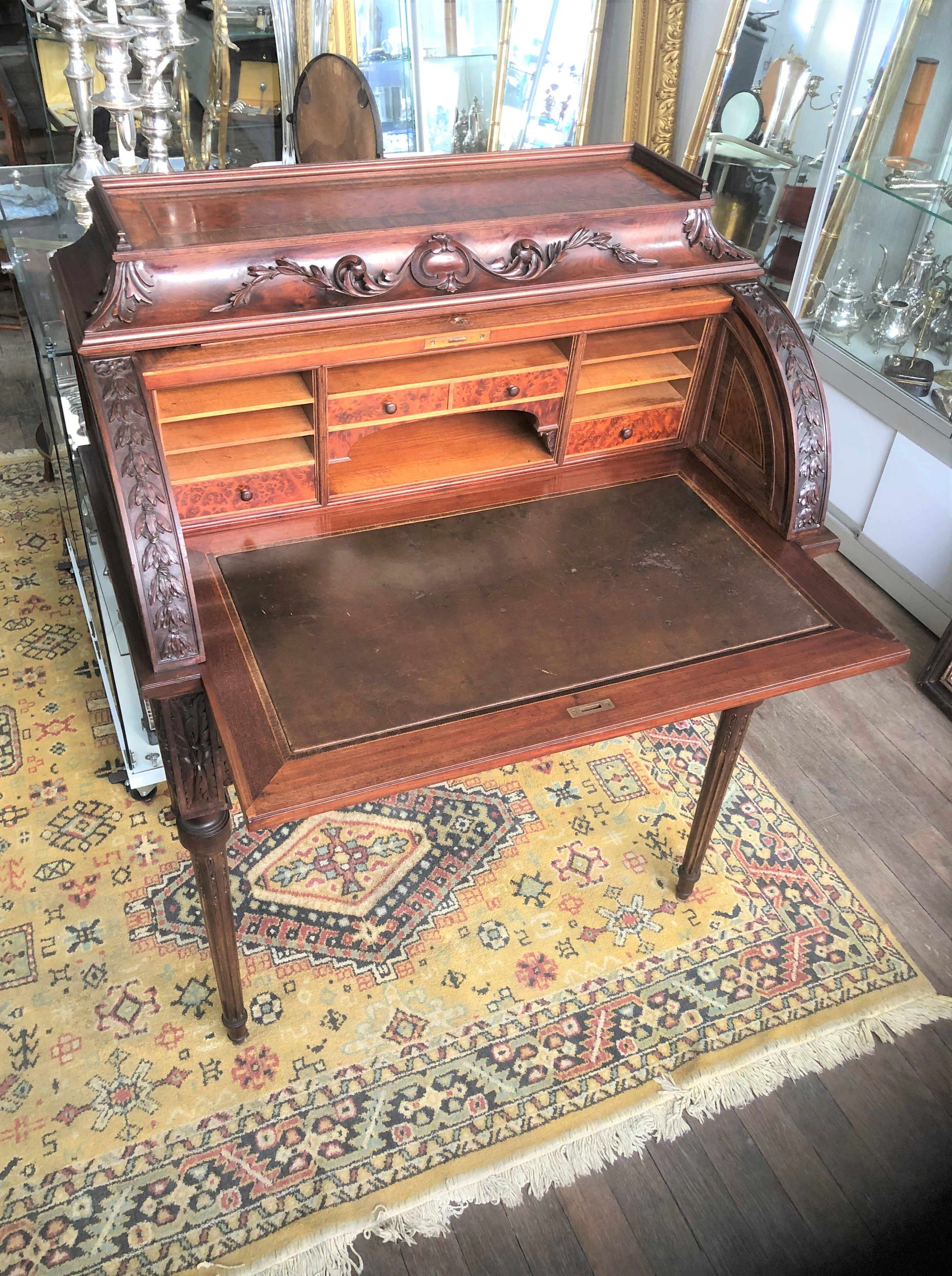 Old louis XVI style cylinder office Scriban Secretary in solid wood and marquetry
