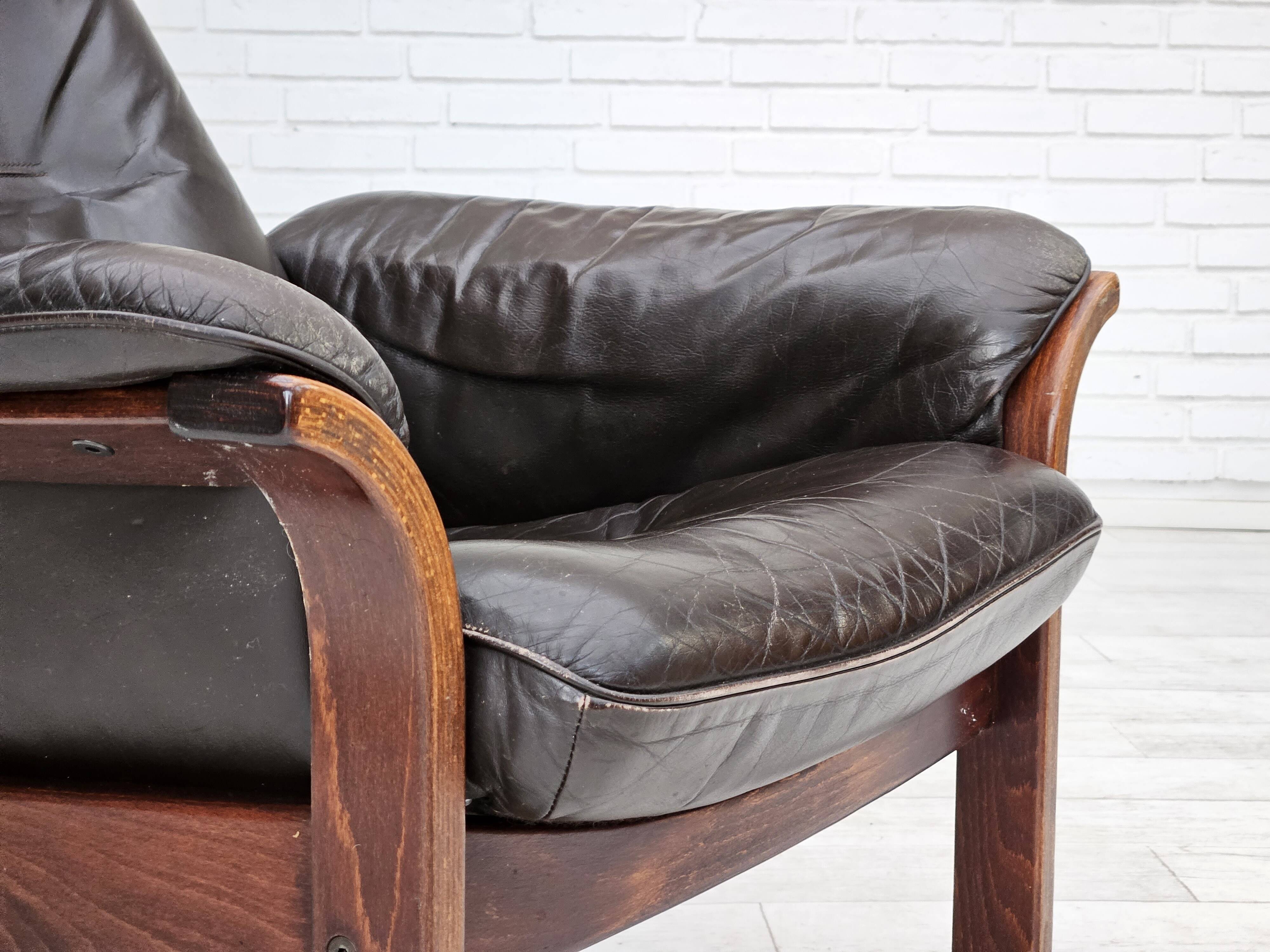 Chaise longue réglable, cuir marron années 1970, design suédois par göte möbler