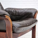 Chaise longue réglable, cuir marron années 1970, design suédois par göte möbler