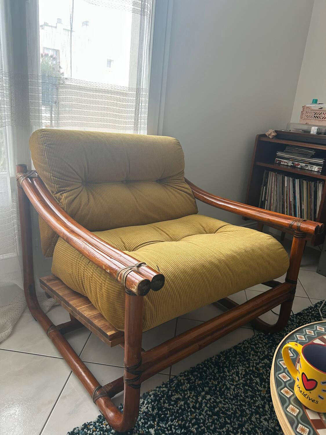 Magnificent velvet fabric rattan armchair - vintage