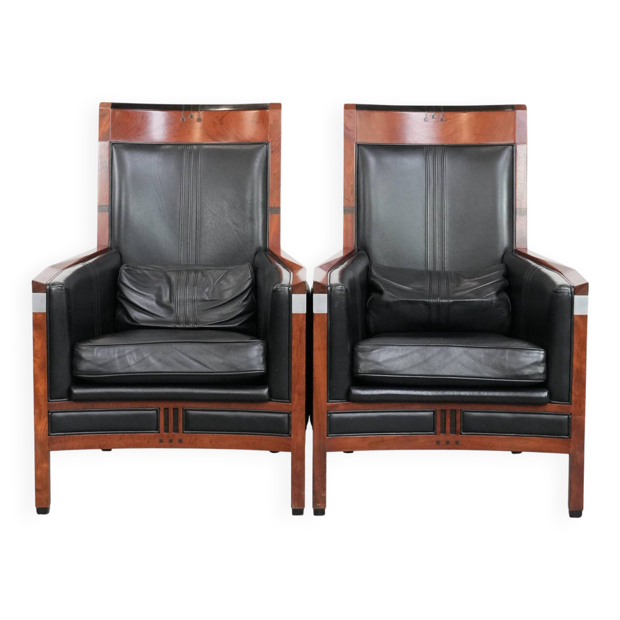 Beautiful set of 2 black cow leather Art Deco design armchairs with high back