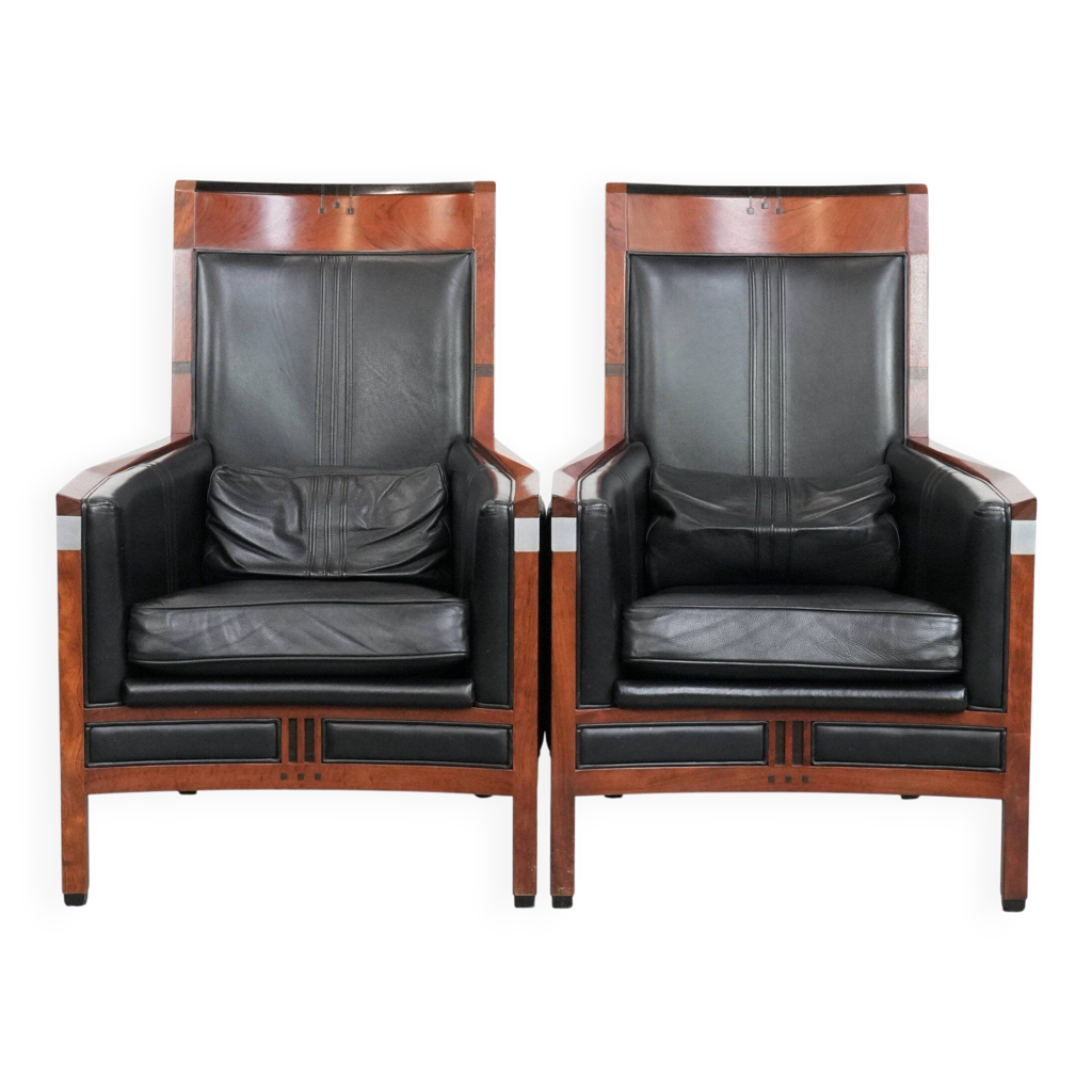 Ensemble de 2 fauteuils Art déco en cuir de vachette noir avec dossier ...