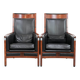 Beautiful set of 2 black cow leather Art Deco design armchairs with high back