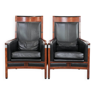 Beautiful set of 2 black cow leather Art Deco design armchairs with high back