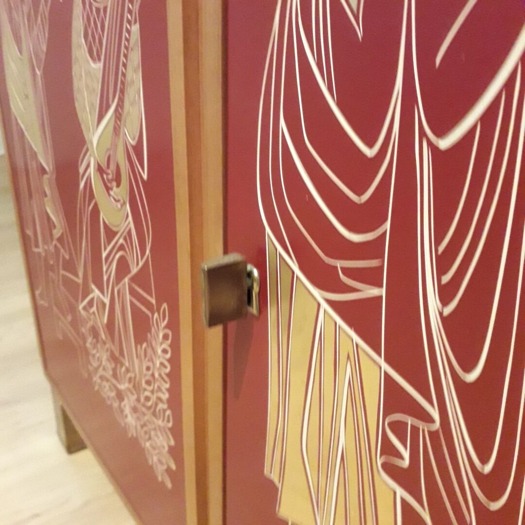 Red Lacquer Bar with gold leaf detail France circa 1950