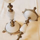 Pair of brass and alabaster candlesticks