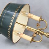 Lampe bouillotte en bronze de style Louis XVI, Trois lumières, Abat-jour peint en vert Craquelé
