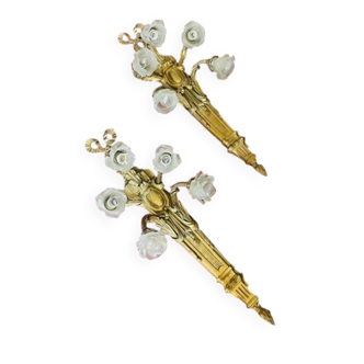 Important pair of gilded bronze wall sconces with 5 lights - Louis XVI style