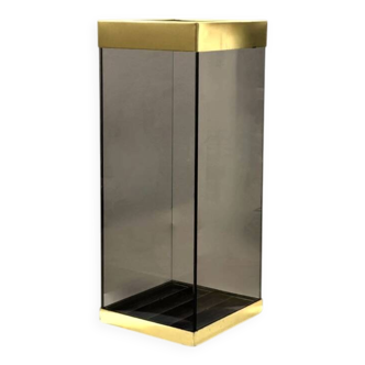 Porte-parapluie vintage en verre fumé et métal doré - années 70