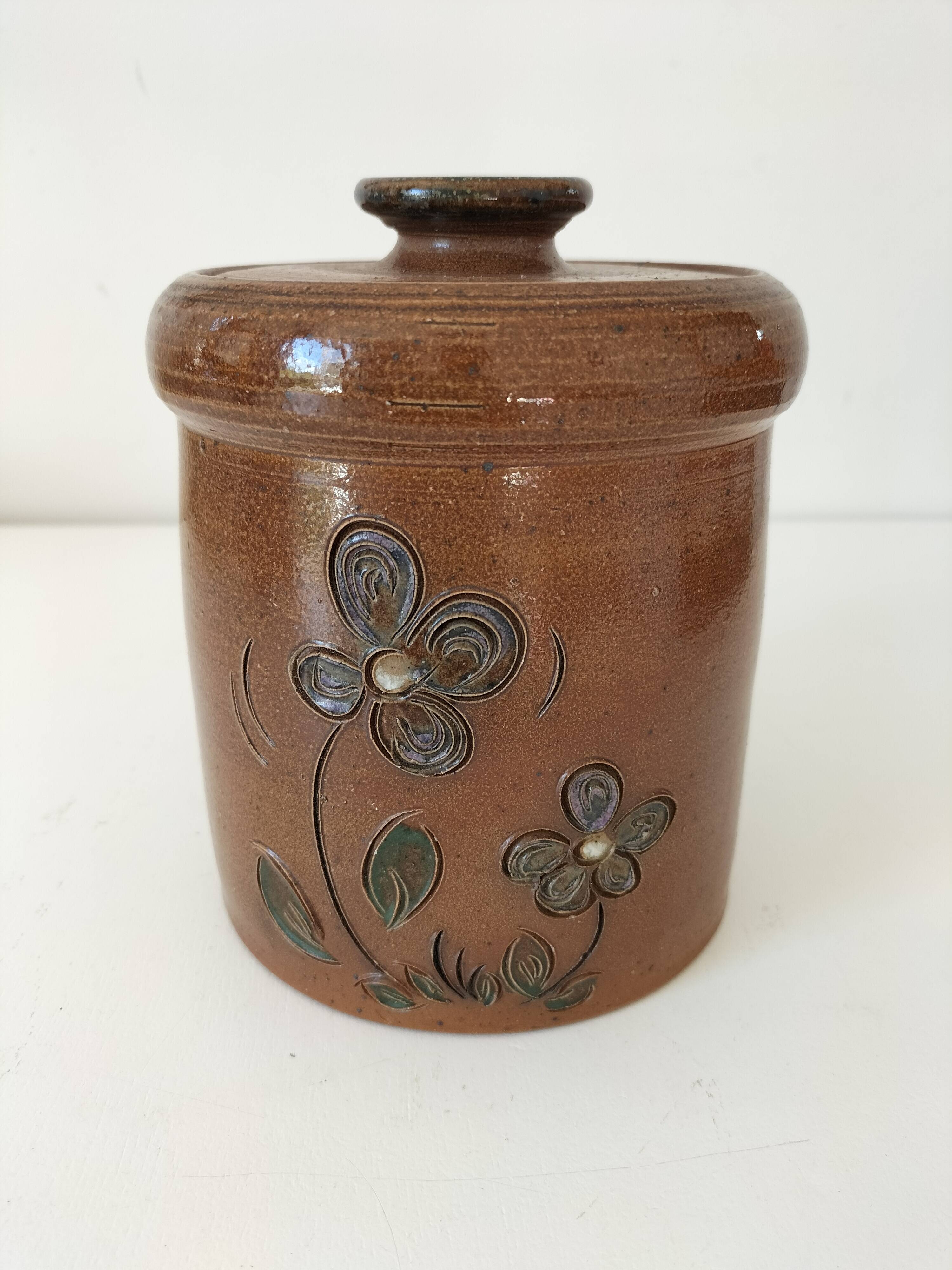 Vintage tea pot in brown flowered stoneware – La Poterie des Mottes – Saint-Amand