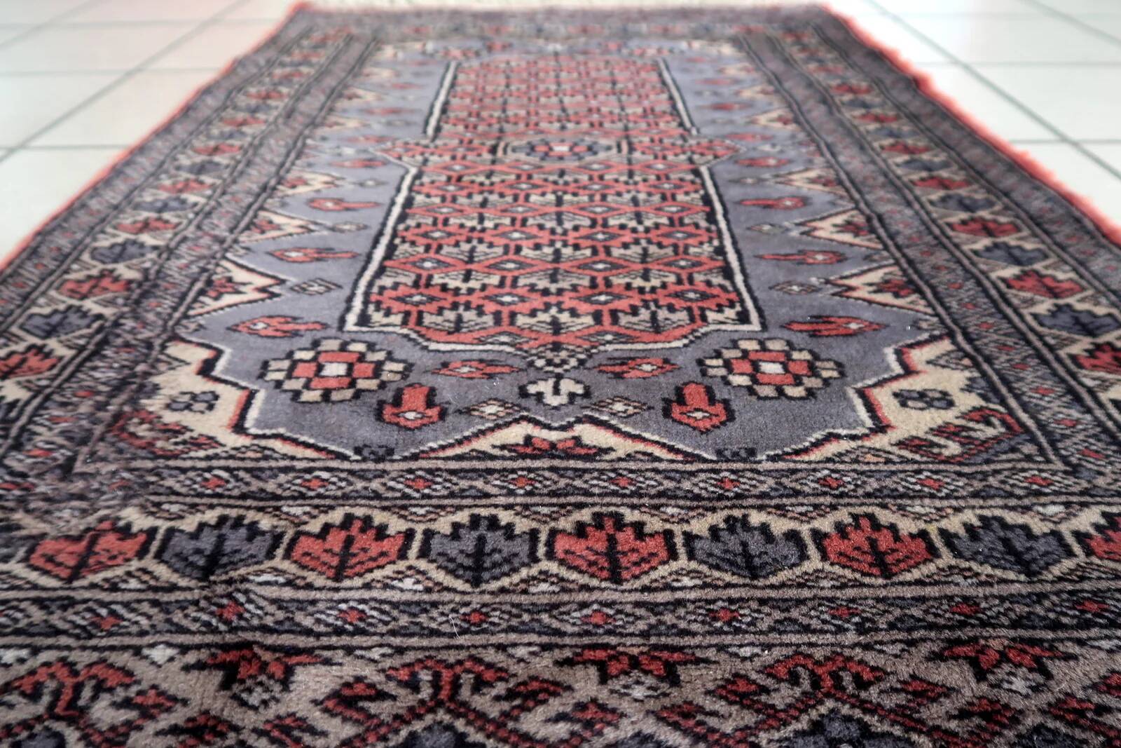 Handmade vintage Uzbek Bukhara rug 64cm x 94cm 1950s