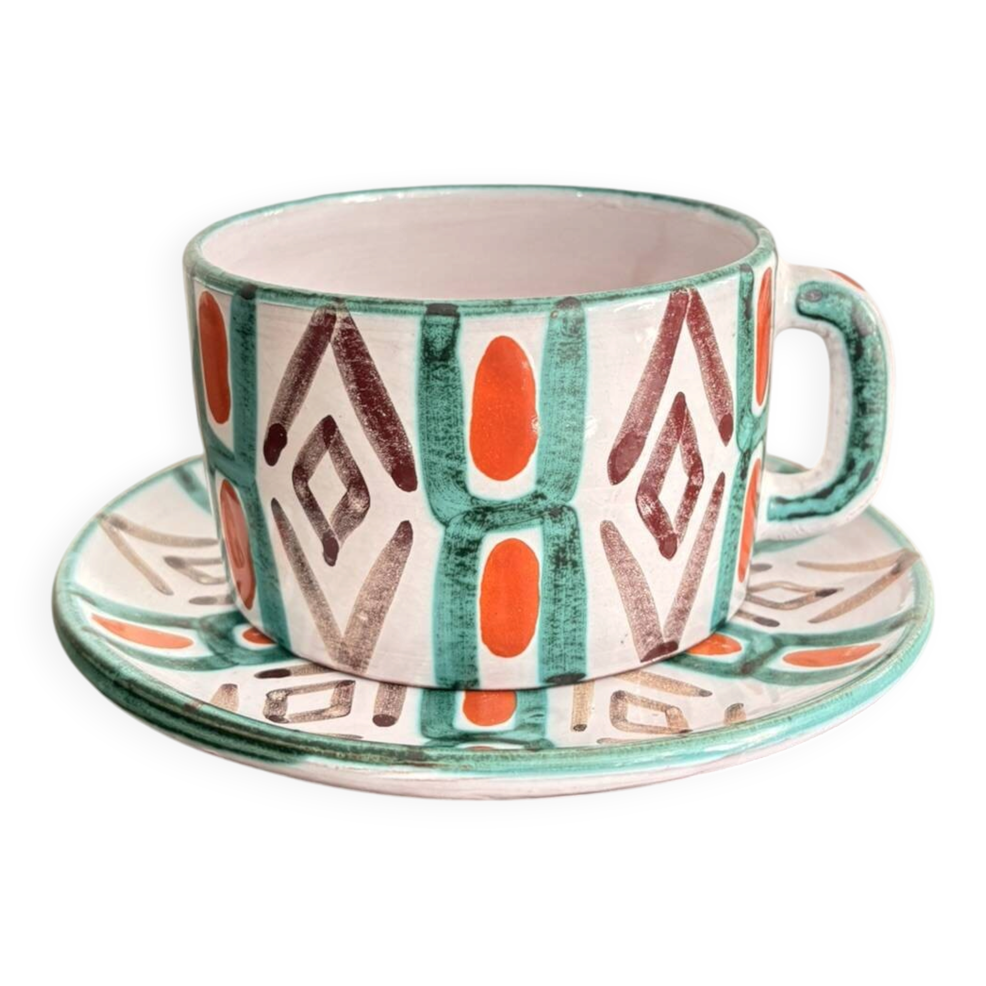 Old Pair of Ceramic Cups Vallauris by Auguste Fazio Pottery 1950 Geometric