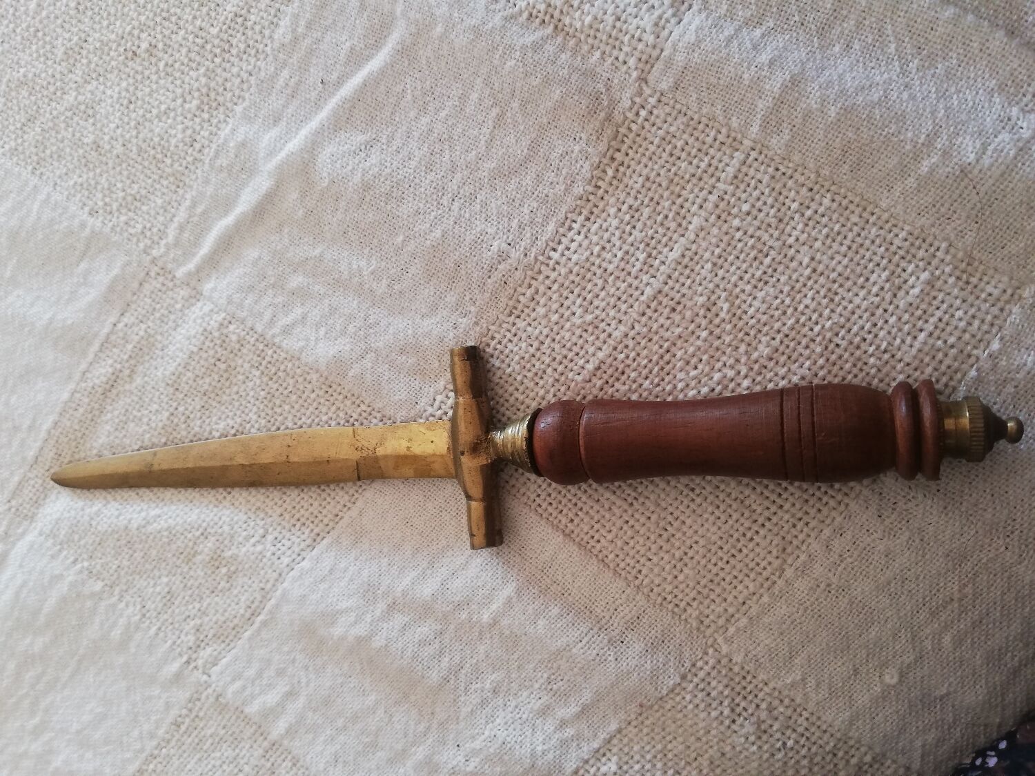 Sword-shaped letter opener paper cutter with turned wooden handle