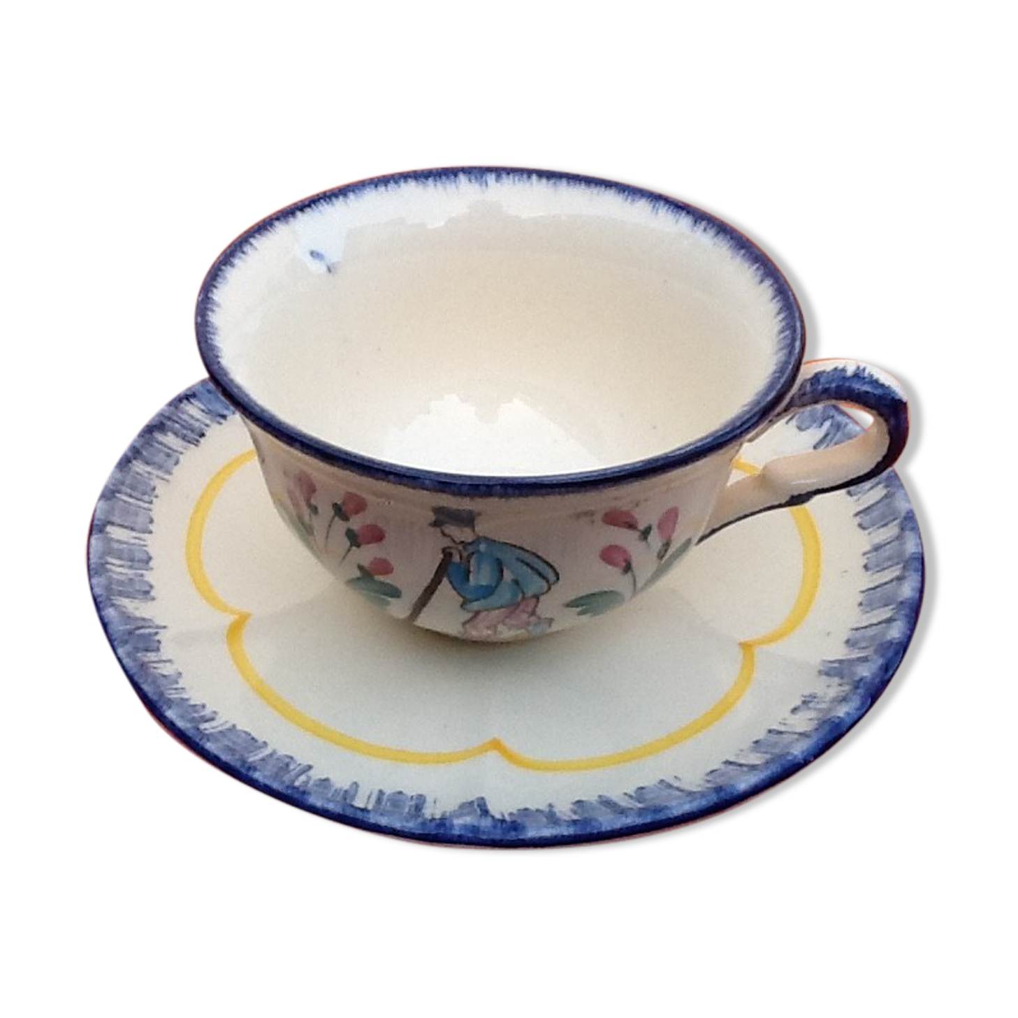 Cup / Saucer for lunch Faience with stamp crowned STR (Sainte Radegonde-en-Touraine)