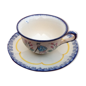 Tasse soucoupe à déjeuner faïence au tampon couronné STR (Sainte Radegonde-en-Touraine)