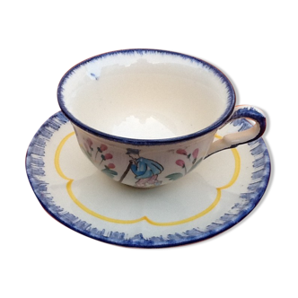 Cup / Saucer for lunch Faience with stamp crowned STR (Sainte Radegonde-en-Touraine)