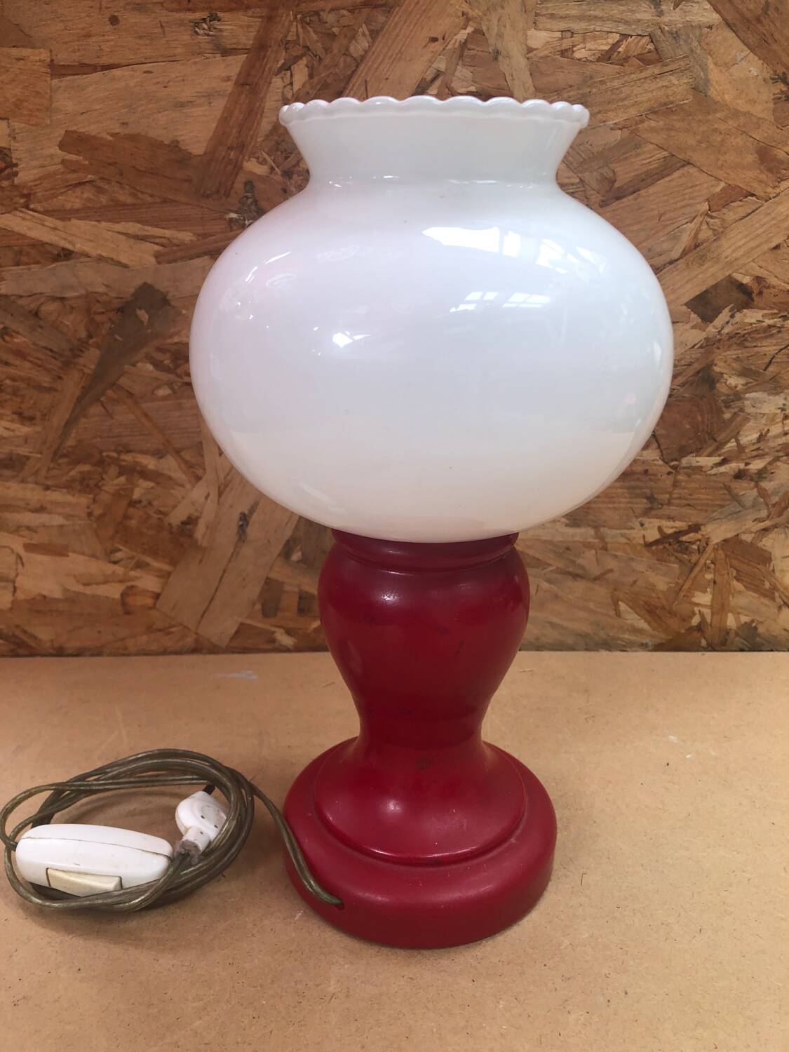 Pair of Old Red & White Opaline Bedside Lamps 1970s Vintage #A982
