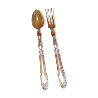 Old salad cutlery in silver metal and horn