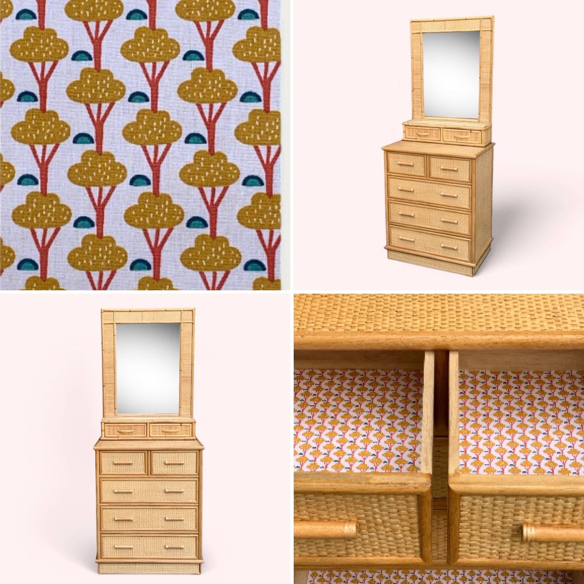 Rattan and woven wicker chest of drawers and mirror, 1970