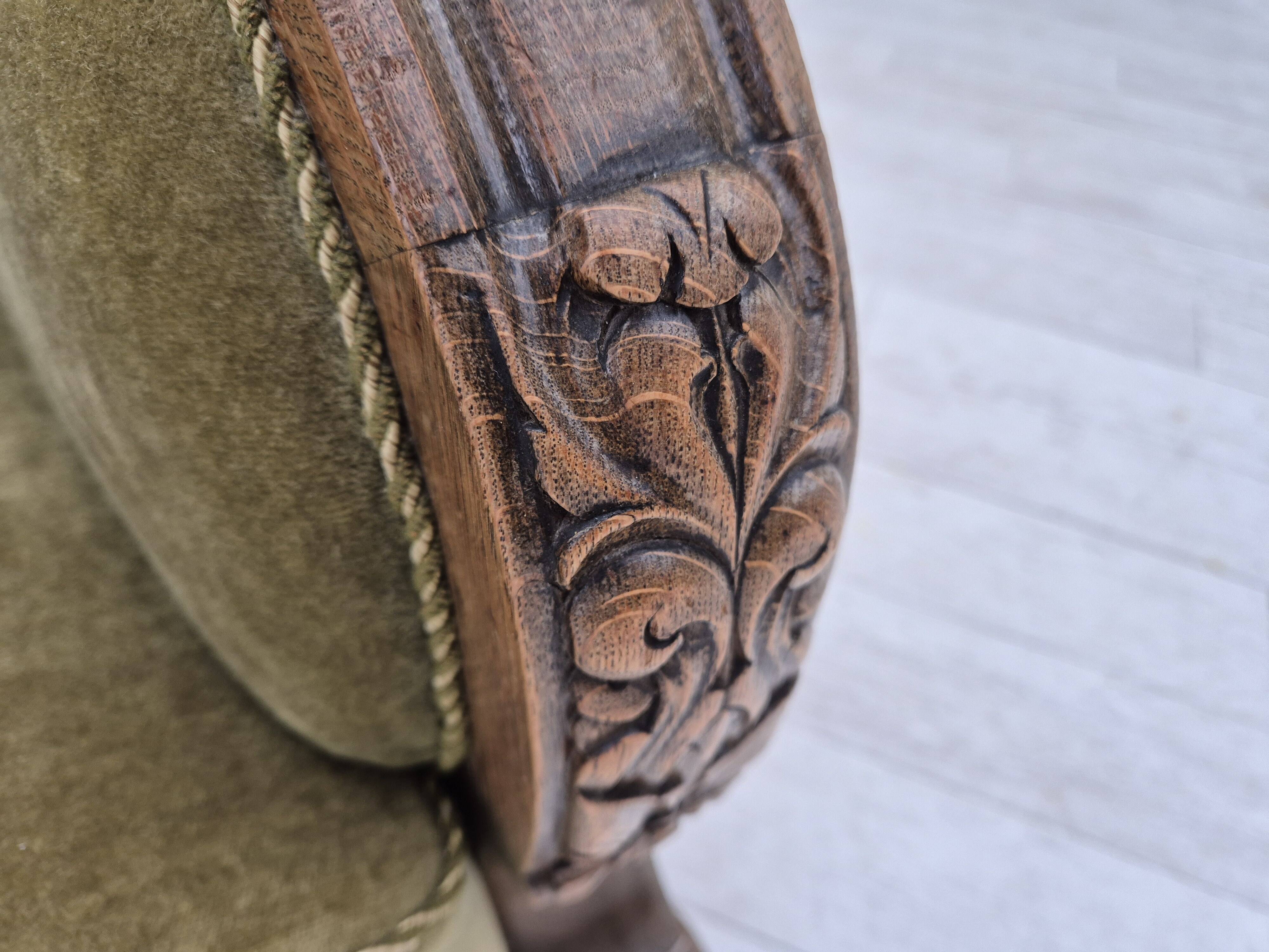 1960s, Danish relax armchair, green furniture velour fabric, oak wood.