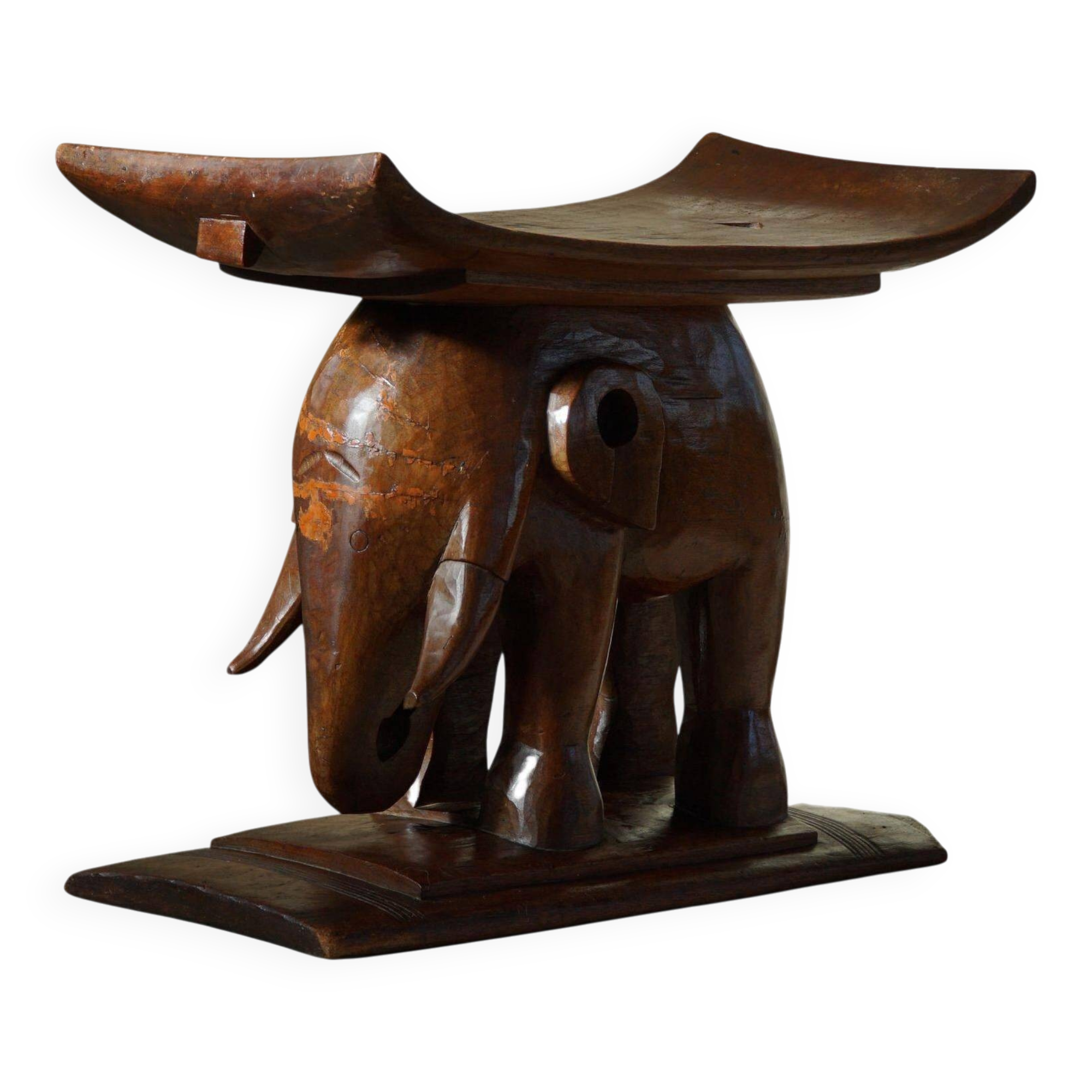 African elephant stool in carved wood, mid-century in Wabi Sabi style, 1940s.