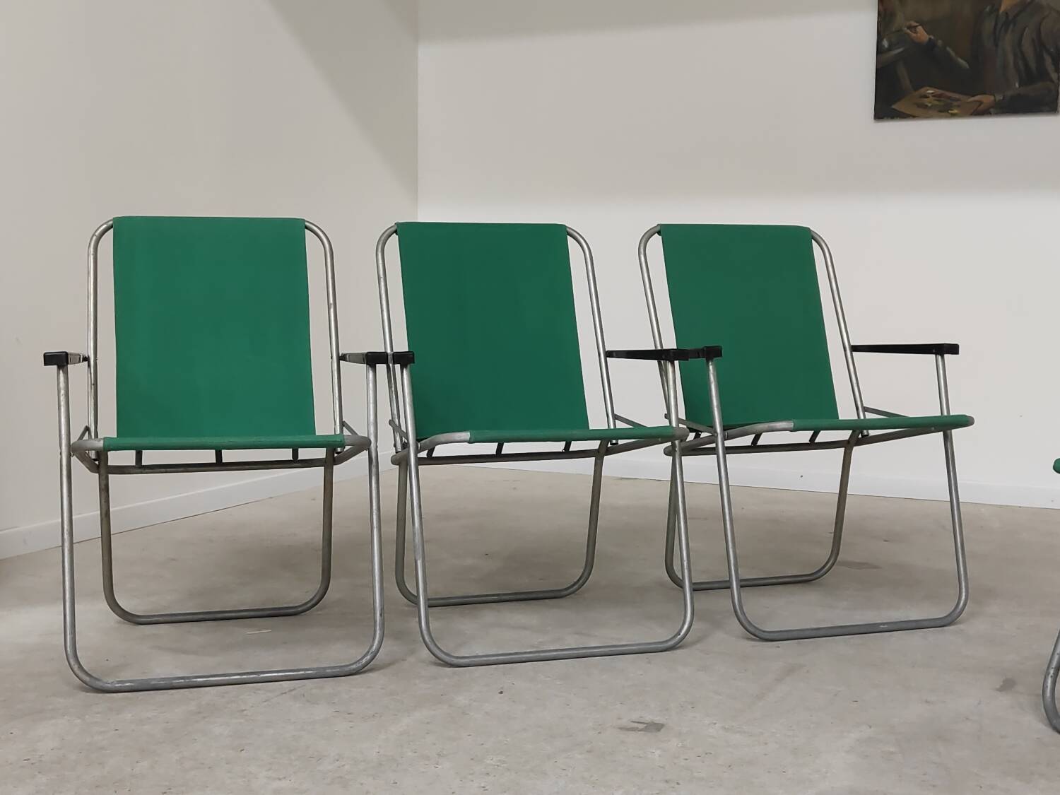 Set of 4 folding chairs with green canvas and aluminum frame