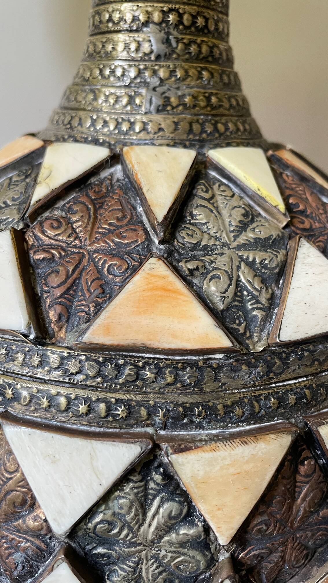 Vintage handcrafted lamp, pottery and silver-plated metal