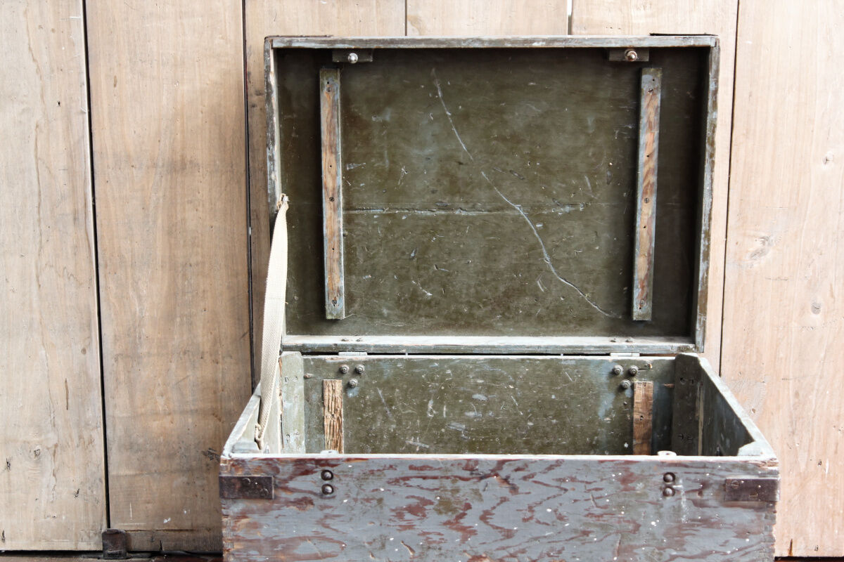 Coffee table,  wooden and metal military crate