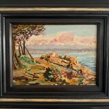 Huile sur carton représentant une côte rocheuse par M. Garrec XXe