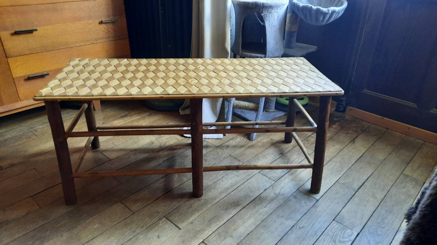 Banc année 50 bois et corde de palmier