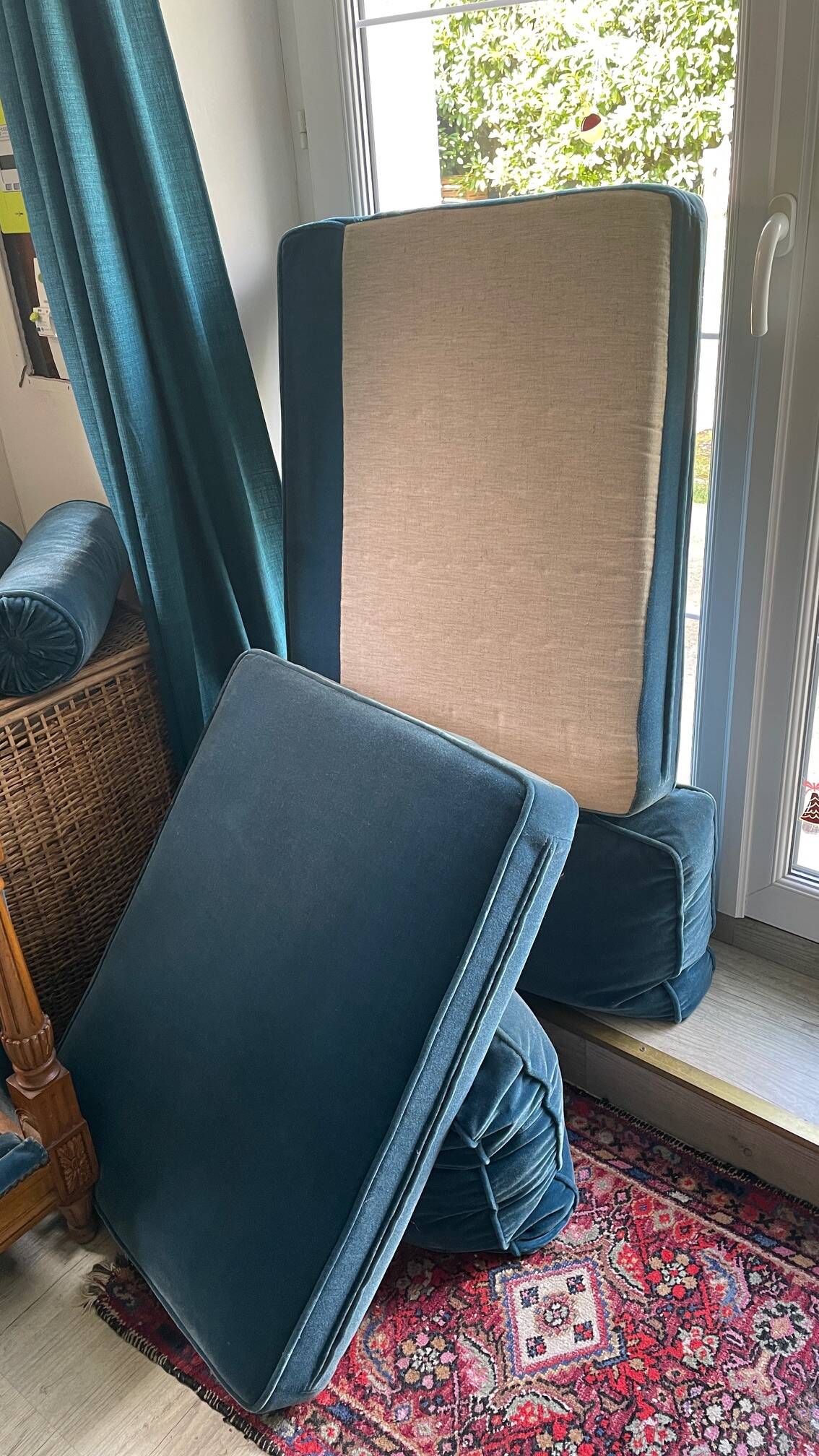 Jean Roche Vintage Wood and Velvet Sofa