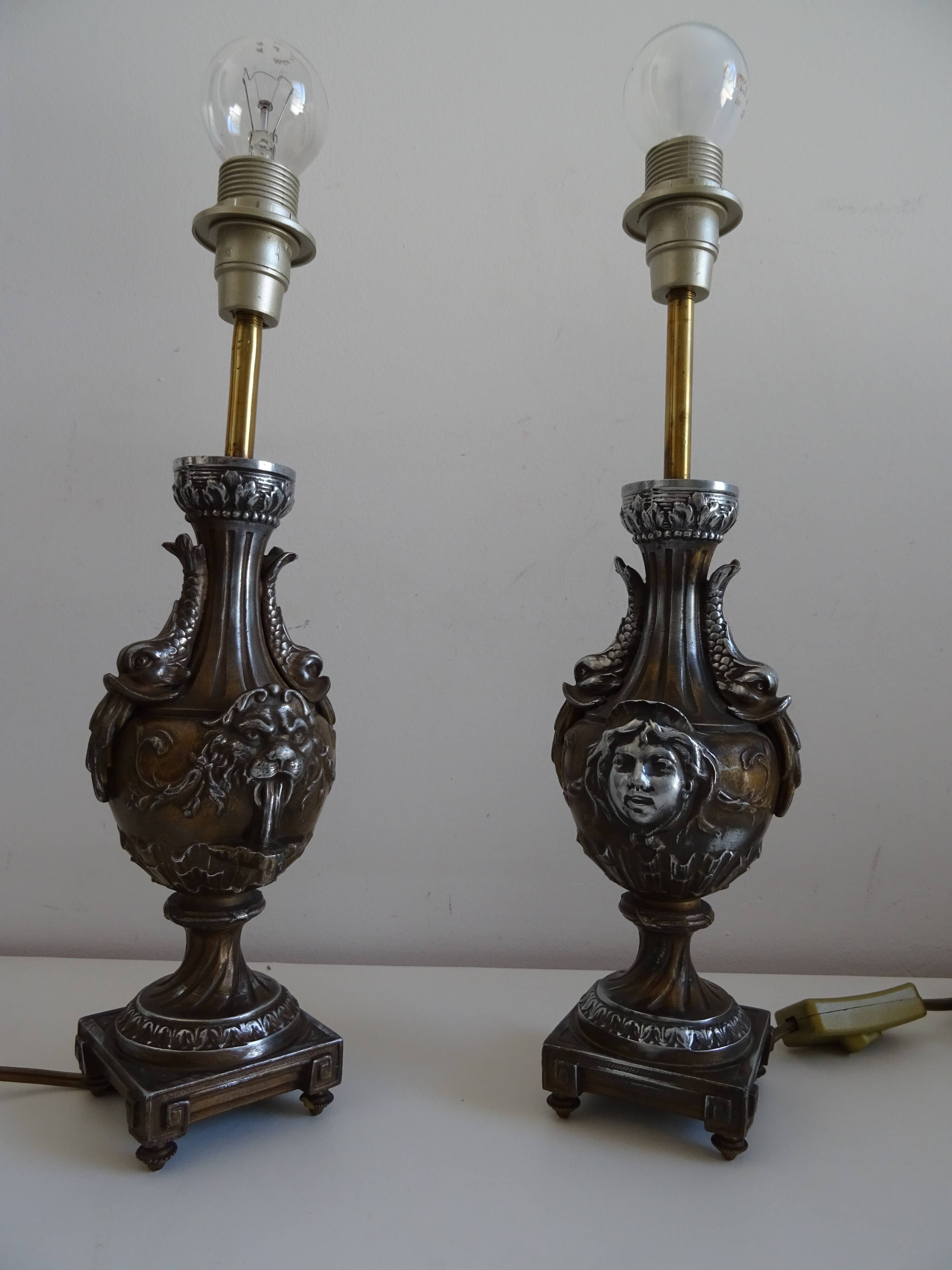 Pair of Louis XVI style lion and cherub decoration lamps