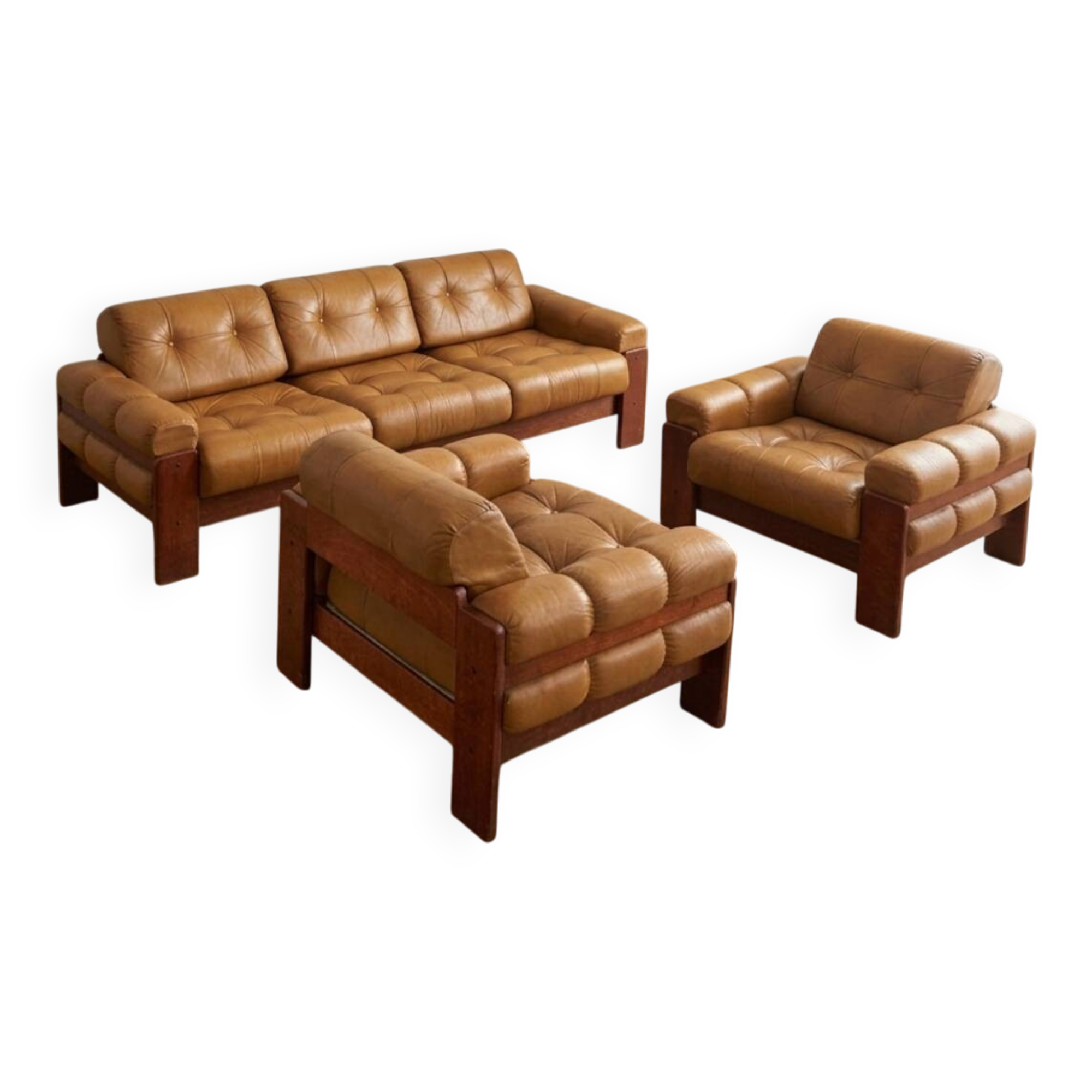 Czechoslovak Vintage Leather Living Room Set, Attributed to Dřevotvar, 1970