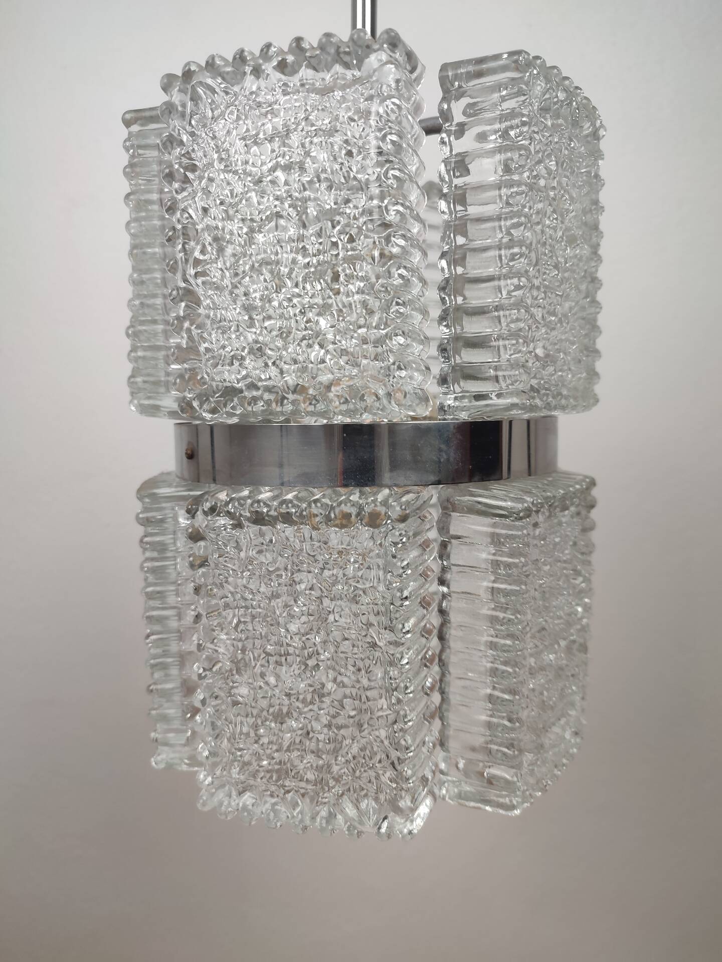 Brutalist Suspension "Ice Glass" and Chrome by Kaiser Leuchten