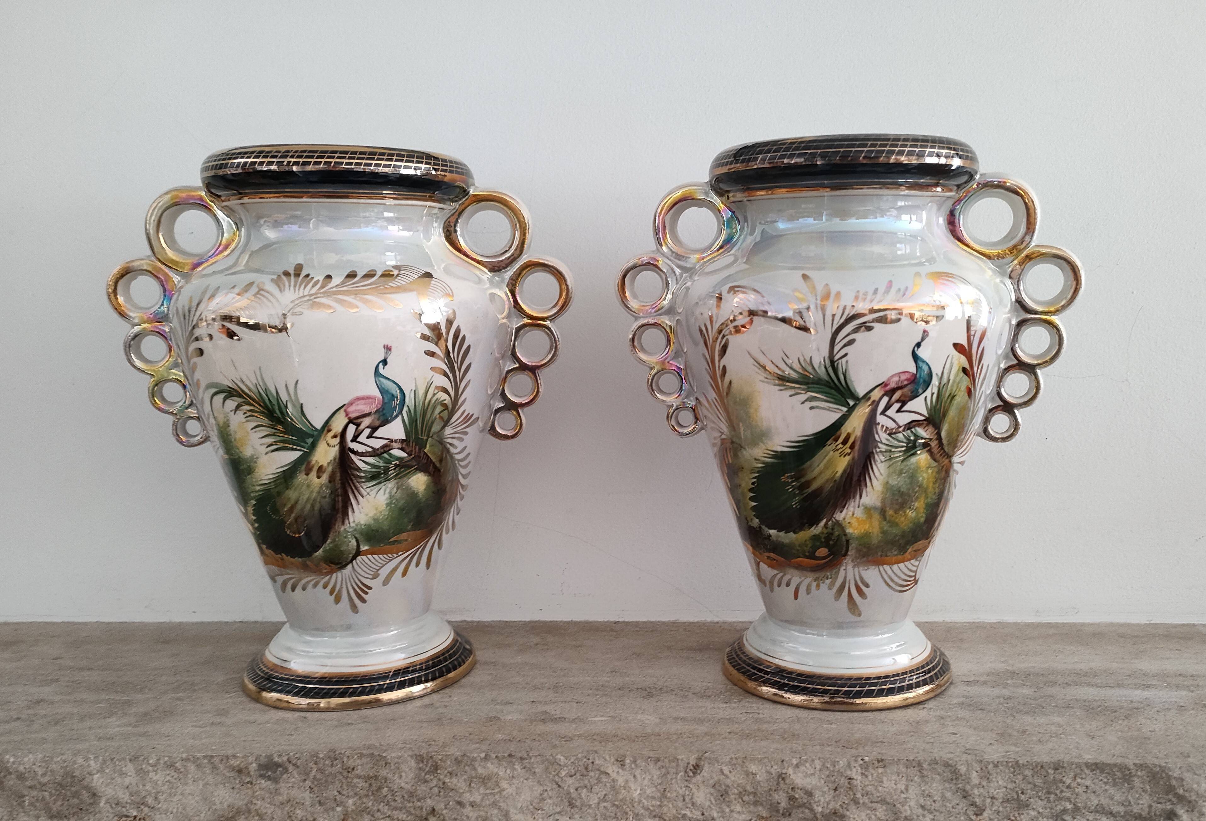 Pair of peacock vases by Hubert Bequet - Pearly ceramic - Belgium - 60s