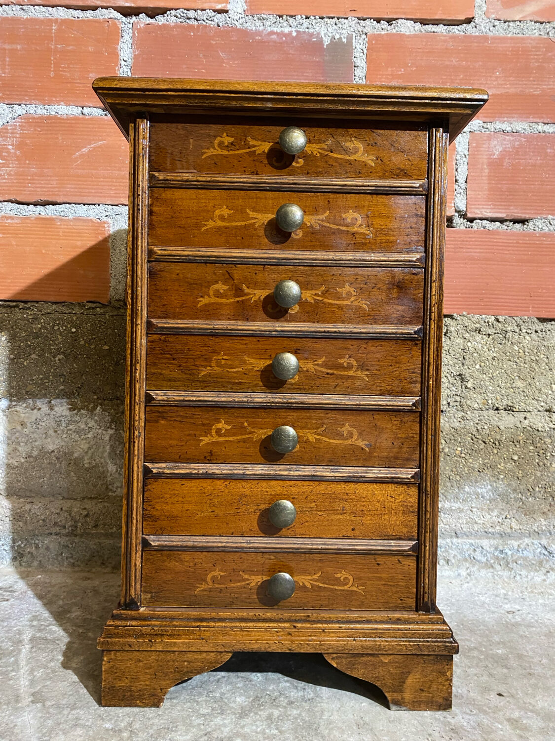 Semainier Ancien Meuble Bois 7 Tiroirs Marqueterie Poignées Métal Vint