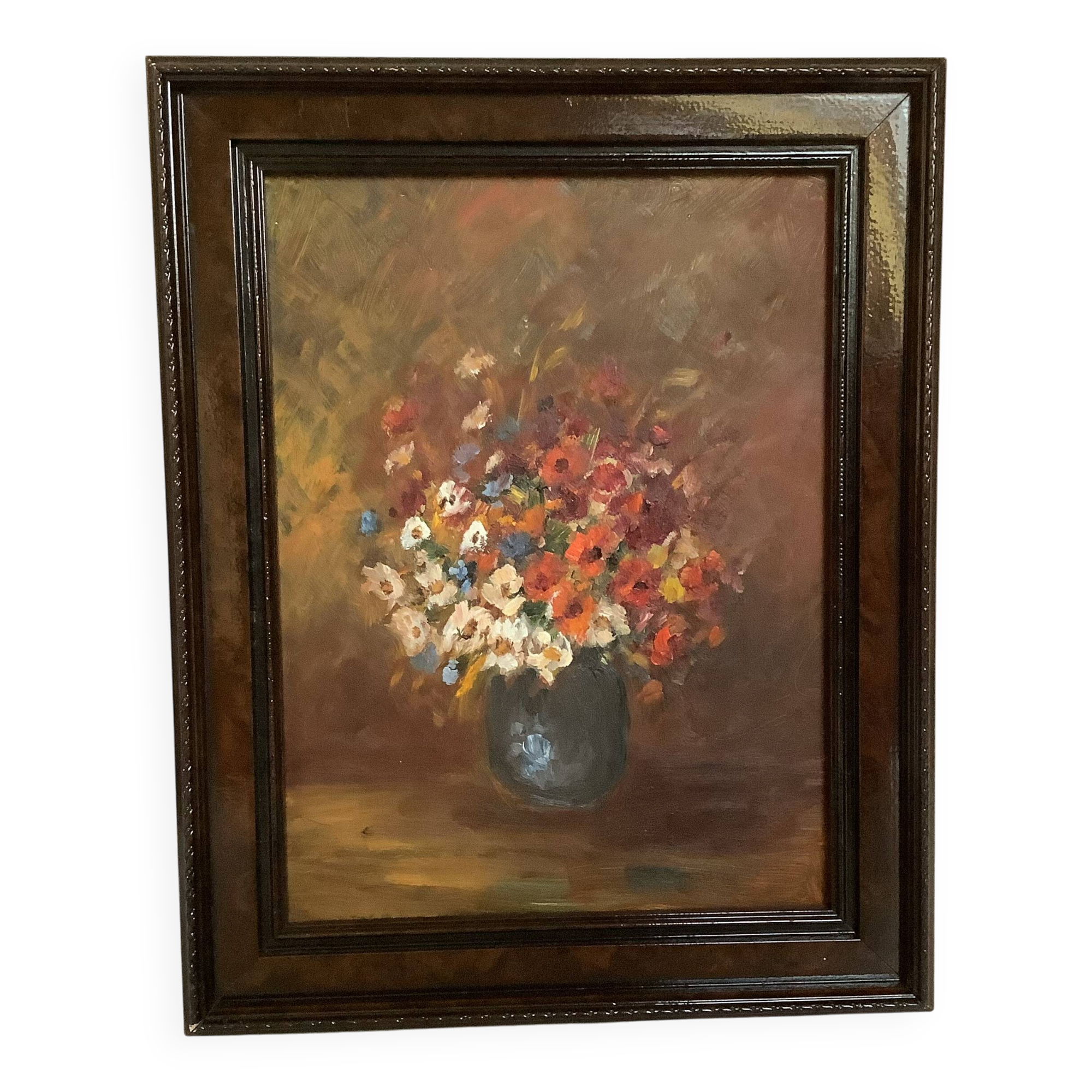 Still life of a bouquet of flowers, oil on cardboard.