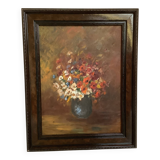 Still life of a bouquet of flowers, oil on cardboard.