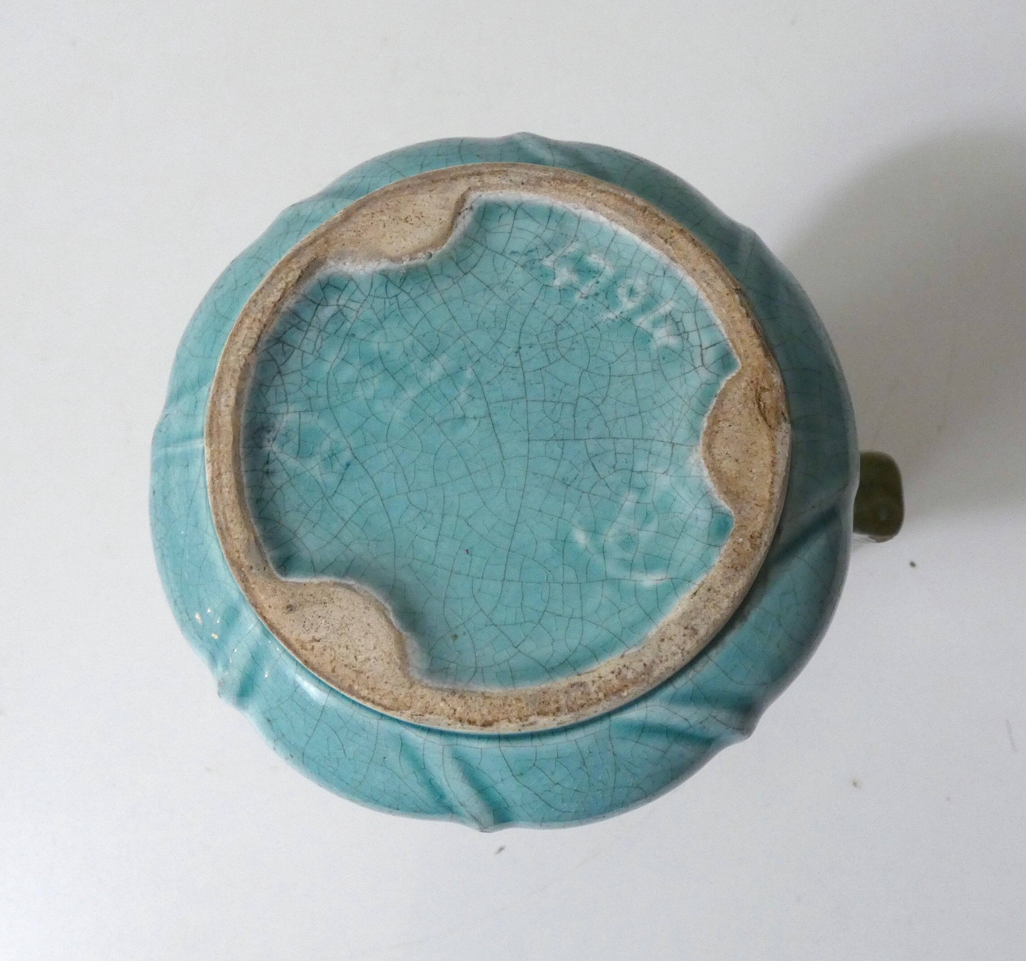 Antique Art Deco turquoise flowered slipware jug vase