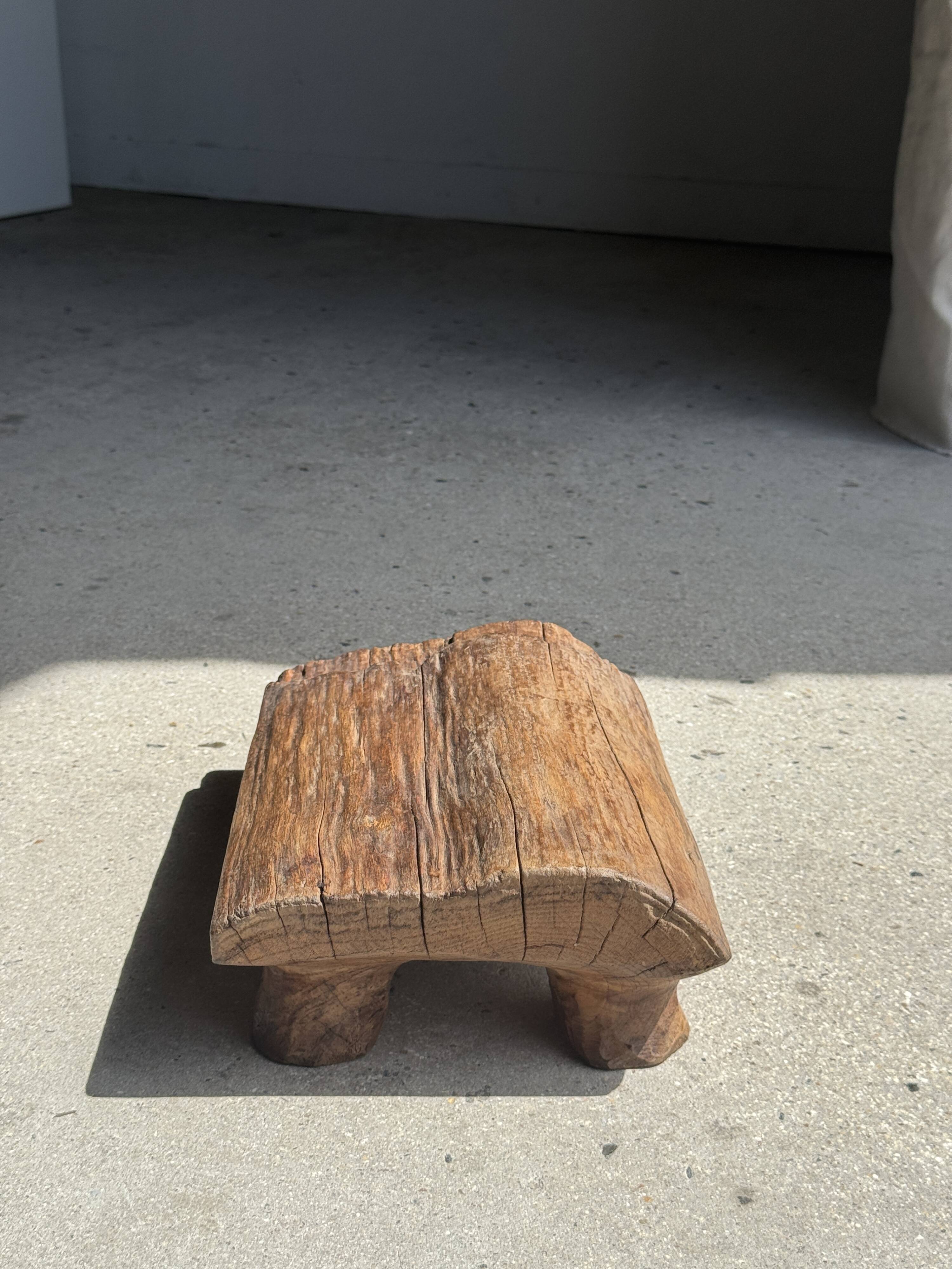 Small stool, footrest in organic blond teak monoxyle wabi-sabi L22