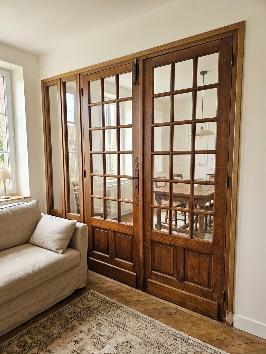 Paire de portes de séparation en chêne petits carreaux XXe